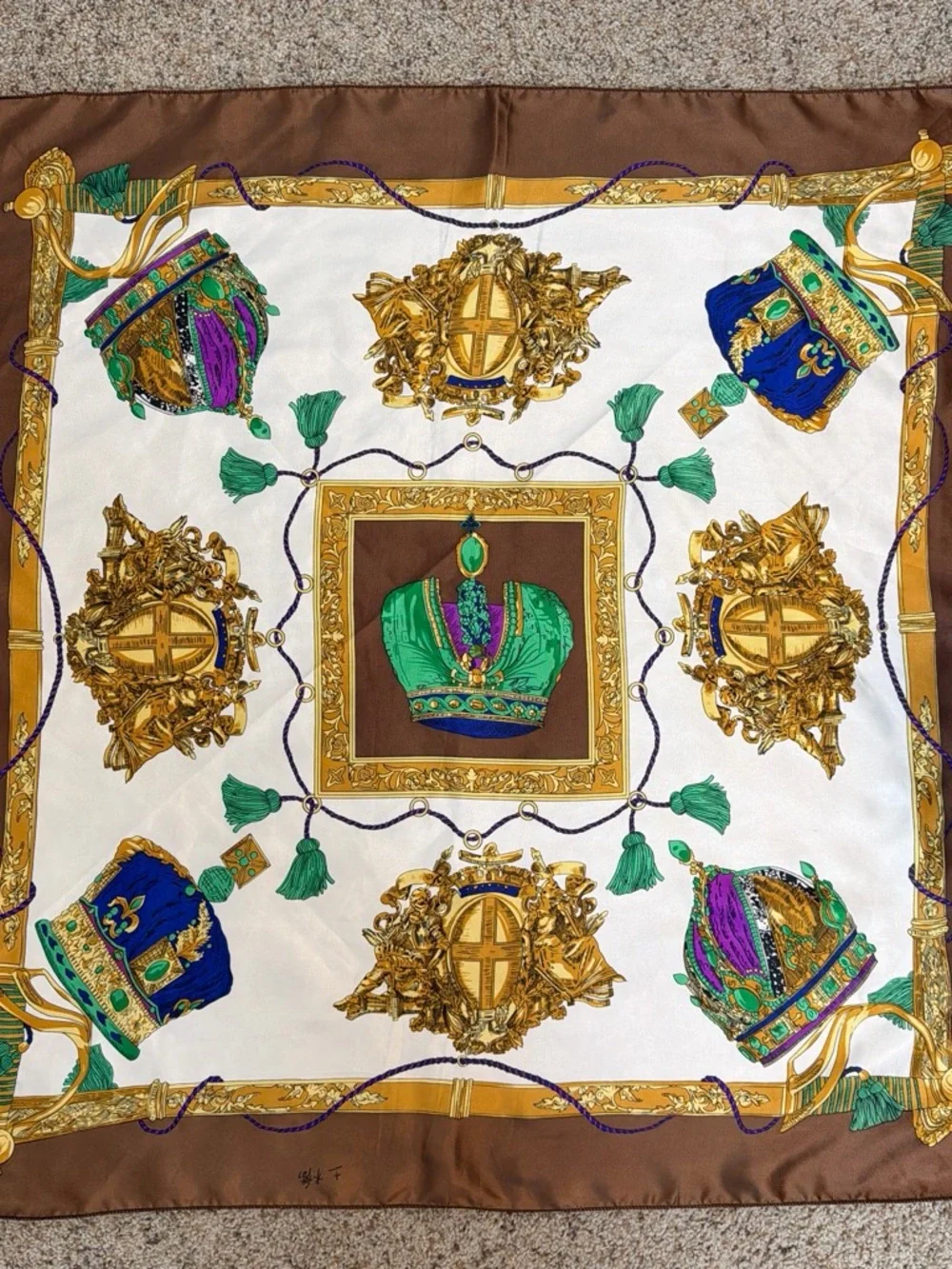 Ornate Crown-Print Silk-Feel Scarf in Brown, Green & Purple